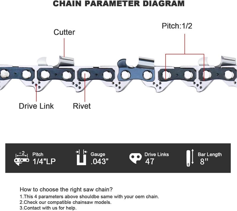 V-MODEST 3-Pack 8 Inch Chainsaw Chains Replacement 1/4" Pitch 47 Drive Links .043" Gauge Low Kickback Chain Blade, Superior Lubrication for Mini Cordless Electric Chain Saw - Image 3
